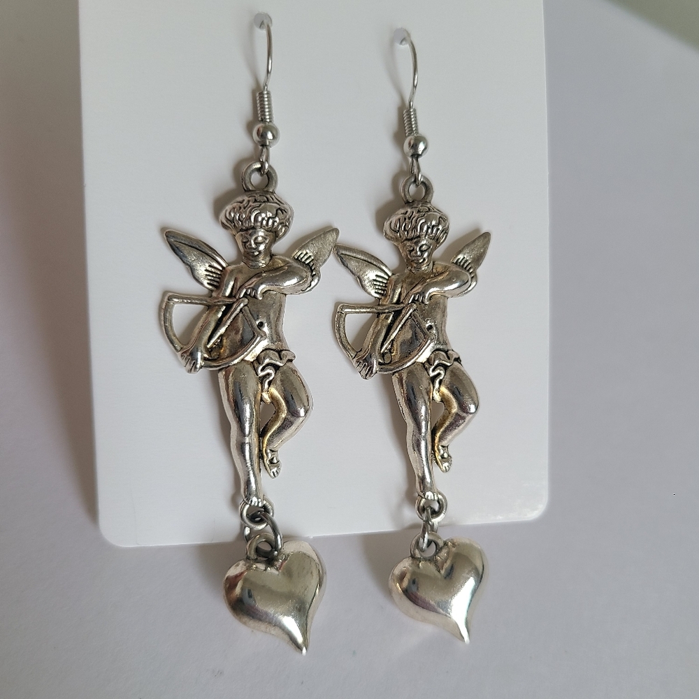 Vintage Silver Tone Cherub Angel Bow Heart Drop Dangle Long Statement Earrings